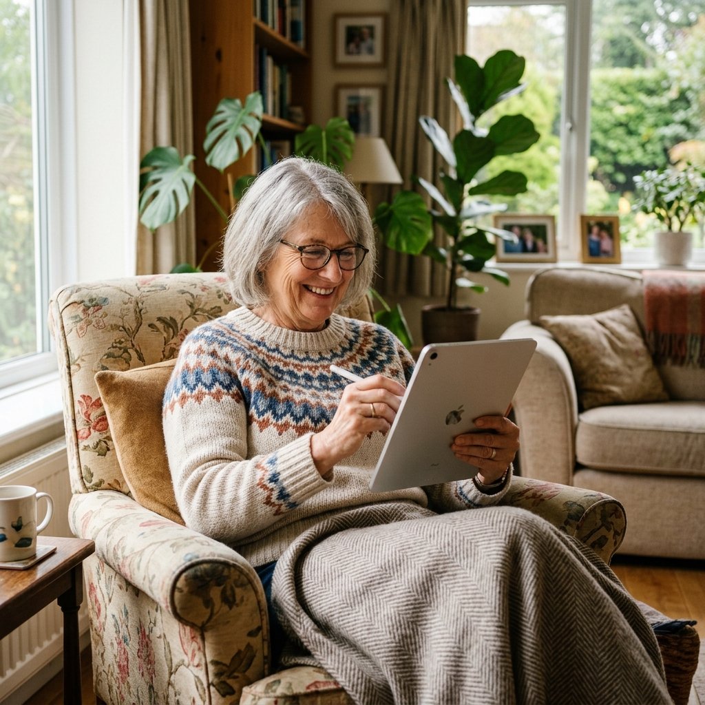 Senior comfortably learning technology with guidance
